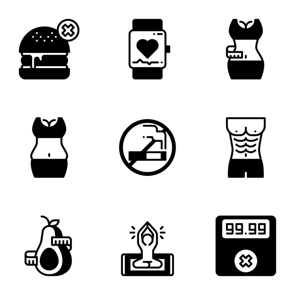 Fitness and healthy semi solid icon set. vector