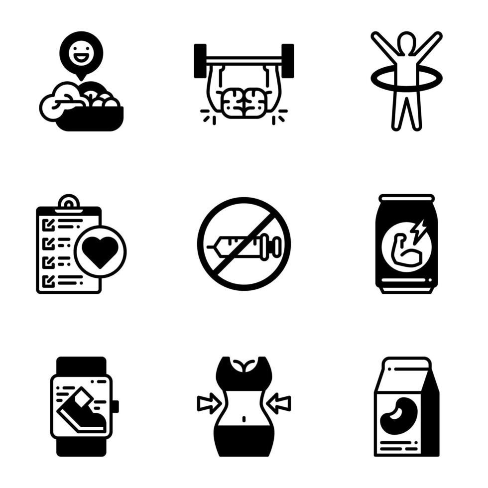 Fitness and healthy semi solid icon set. vector