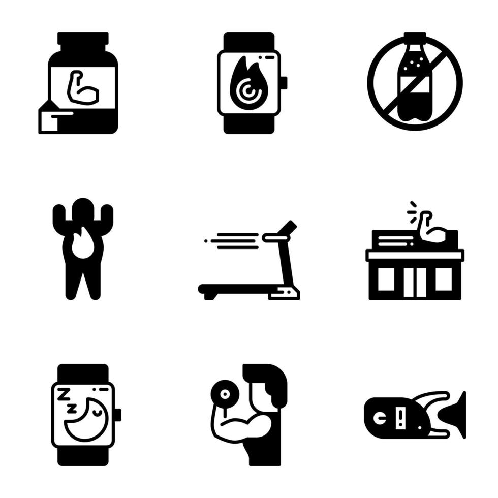Fitness and healthy semi solid icon set. vector