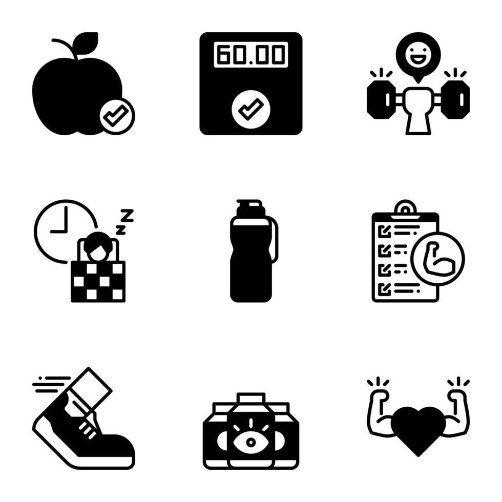 Fitness and healthy semi solid icon set. vector
