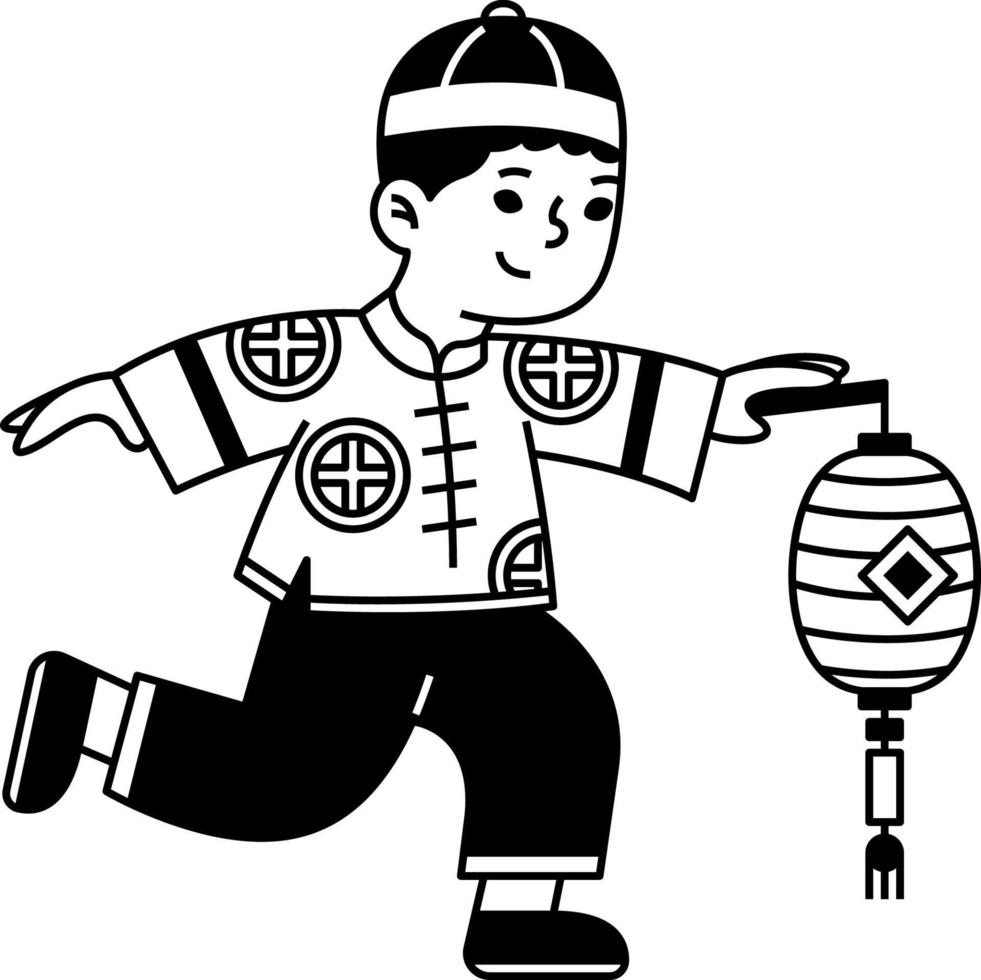 chinese boy and red lantern line illustration organic style vector