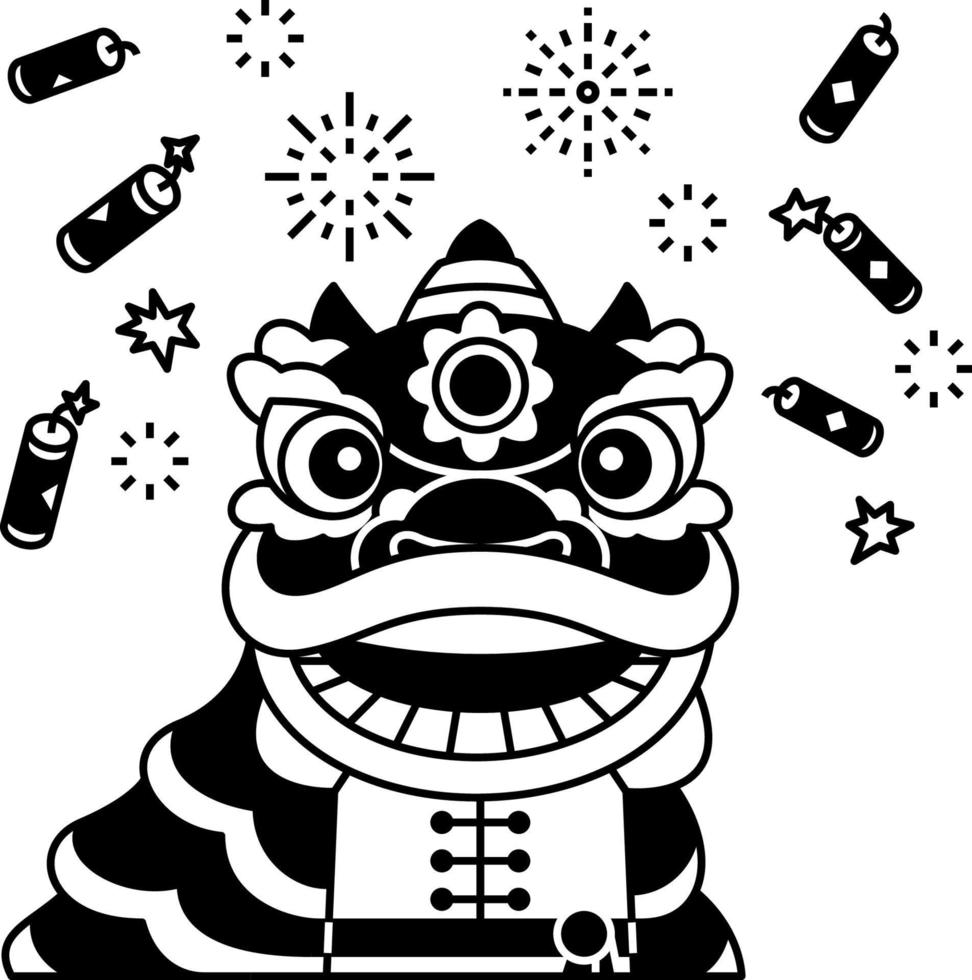 chinese lion dancing celebrate with fire crackers vector