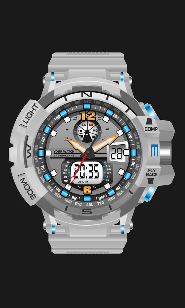 reloj blanco realista reloj deportivo cronógrafo digital para hombres diseño moderno en vector de fondo gris oscuro