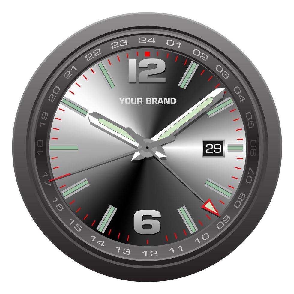 Realistic black silver red clock watch face chronograph luxury on white background vector