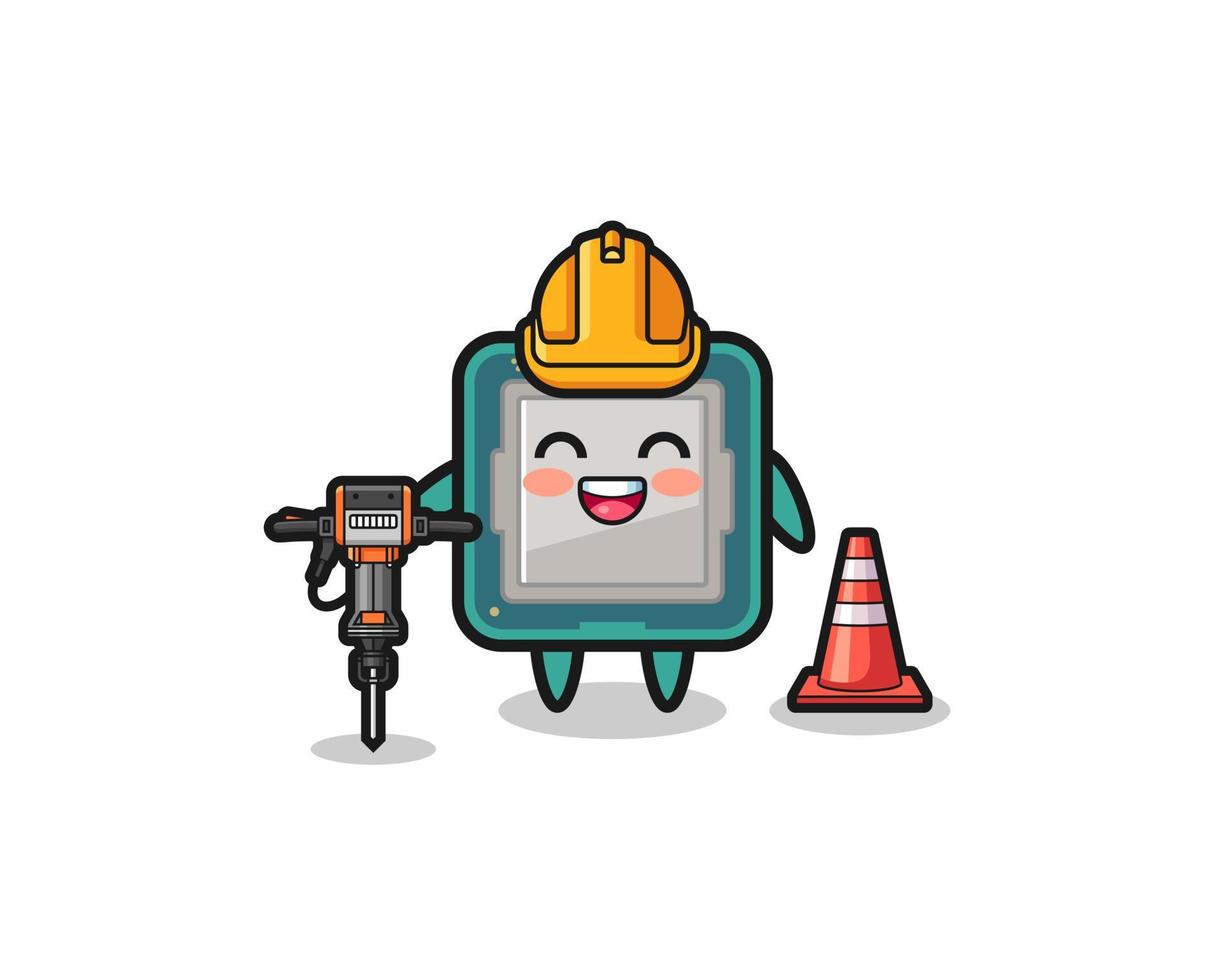 road worker mascot of processor holding drill machine vector