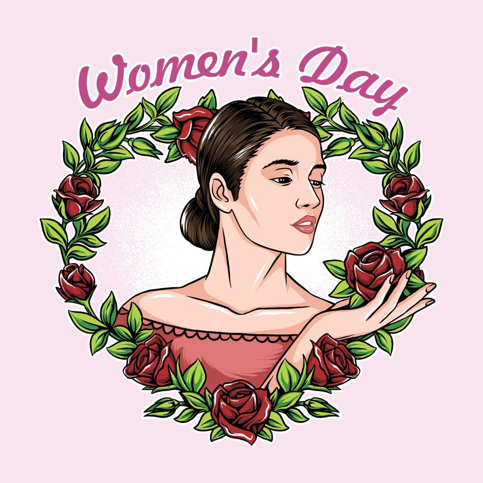 día de la mujer y día de san valentín en primavera con una foto de una mujer en un corazón amor flores vector