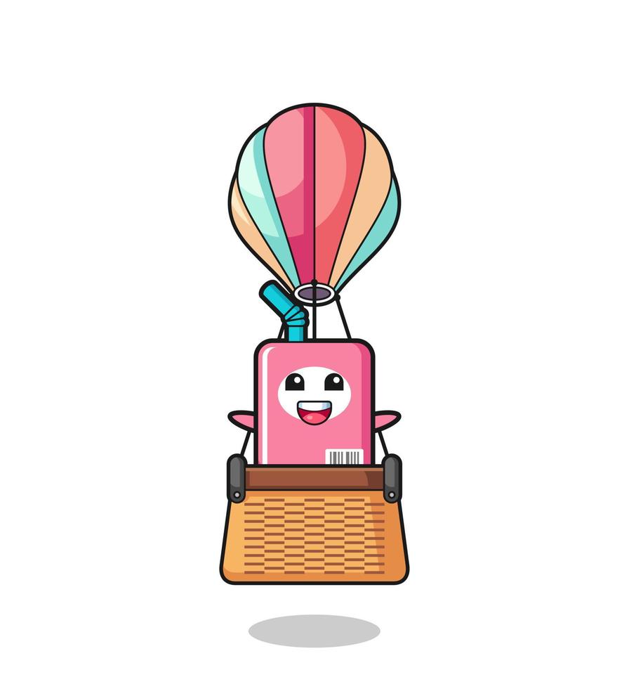mascota de la caja de leche montando un globo aerostático vector