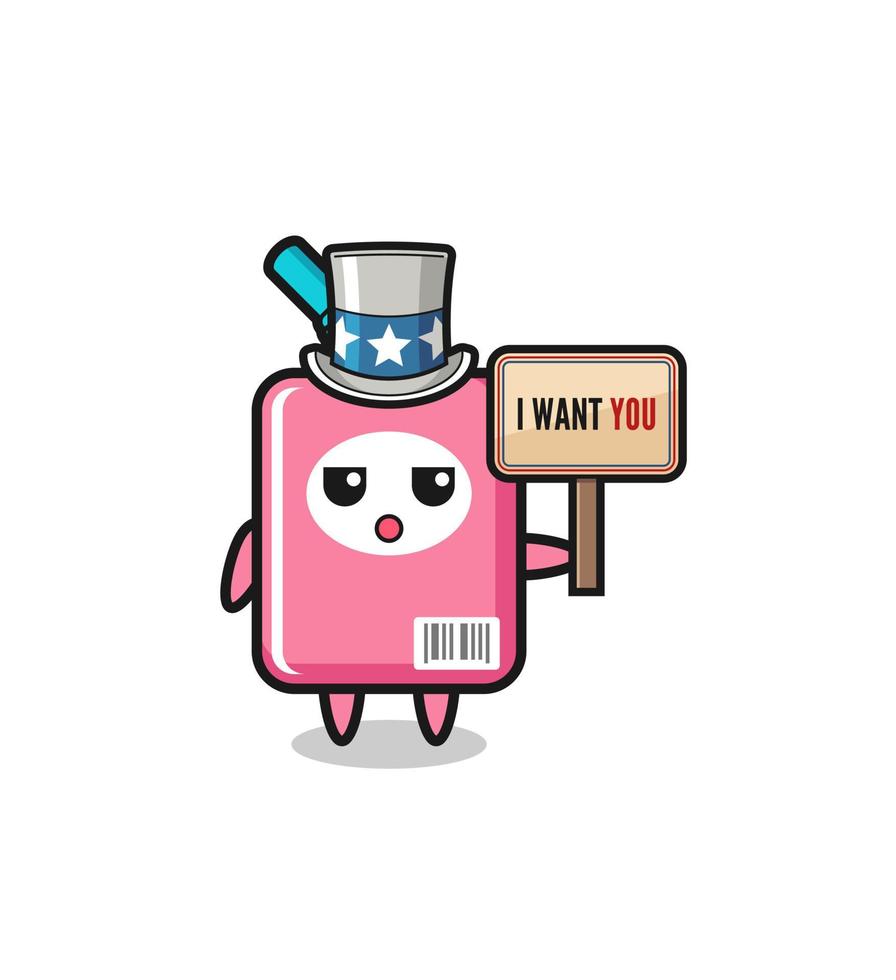 milk box cartoon as uncle Sam holding the banner I want you vector
