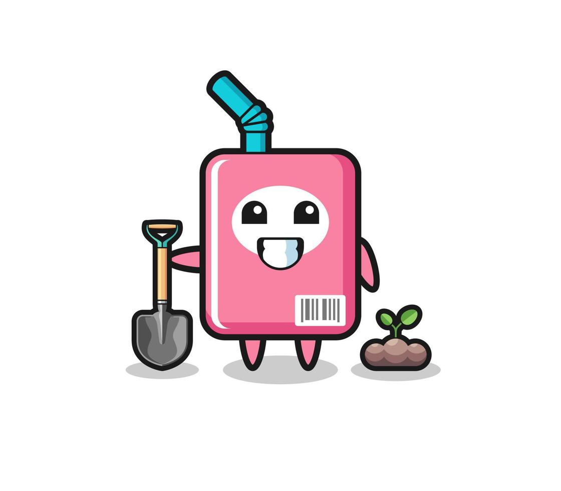 cute milk box cartoon is planting a tree seed vector