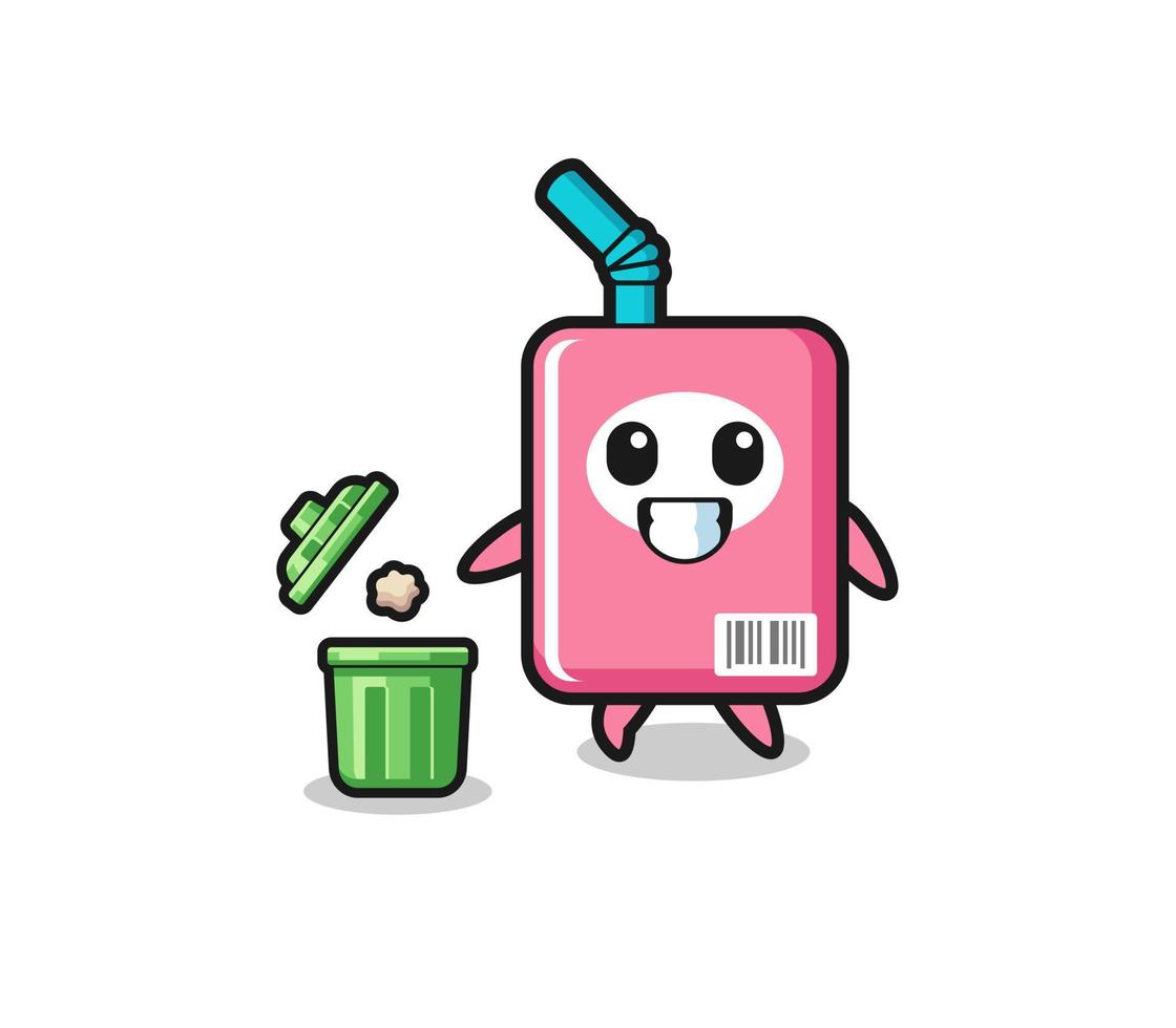 illustration of the milk box throwing garbage in the trash can vector