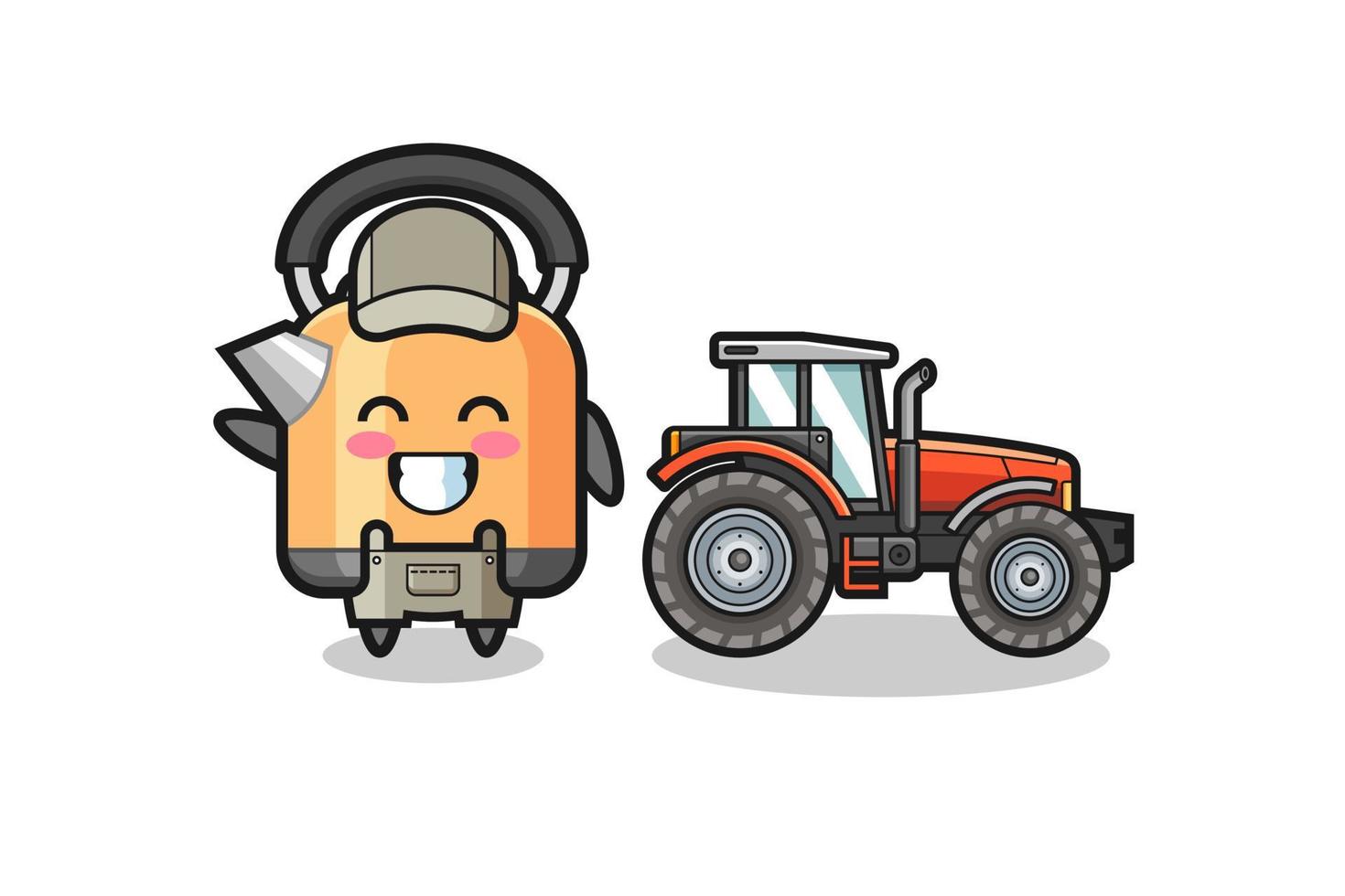 the kettle farmer mascot standing beside a tractor vector