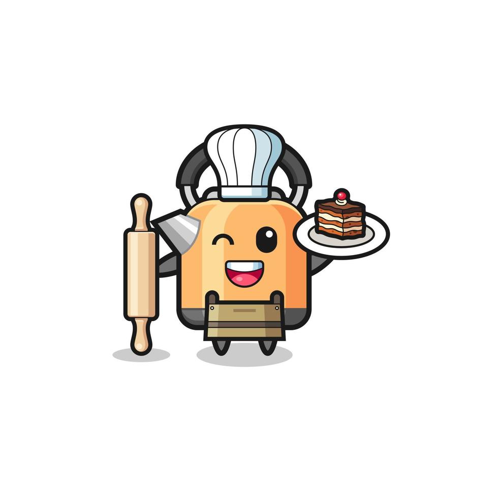 kettle as pastry chef mascot hold rolling pin vector