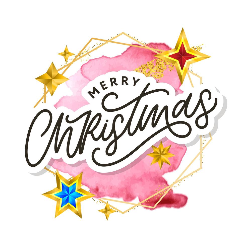 Merry Christmas text decorated with hand drawn lettering with gold stars. Greeting card design element. Vector typography.