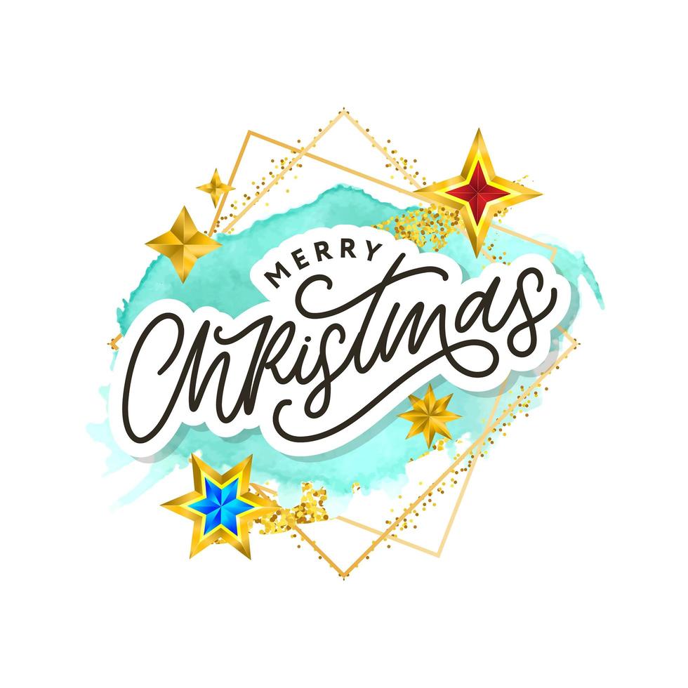 Feliz navidad texto decorado con letras dibujadas a mano con estrellas doradas. elemento de diseño de tarjetas de felicitación. tipografía vectorial. vector