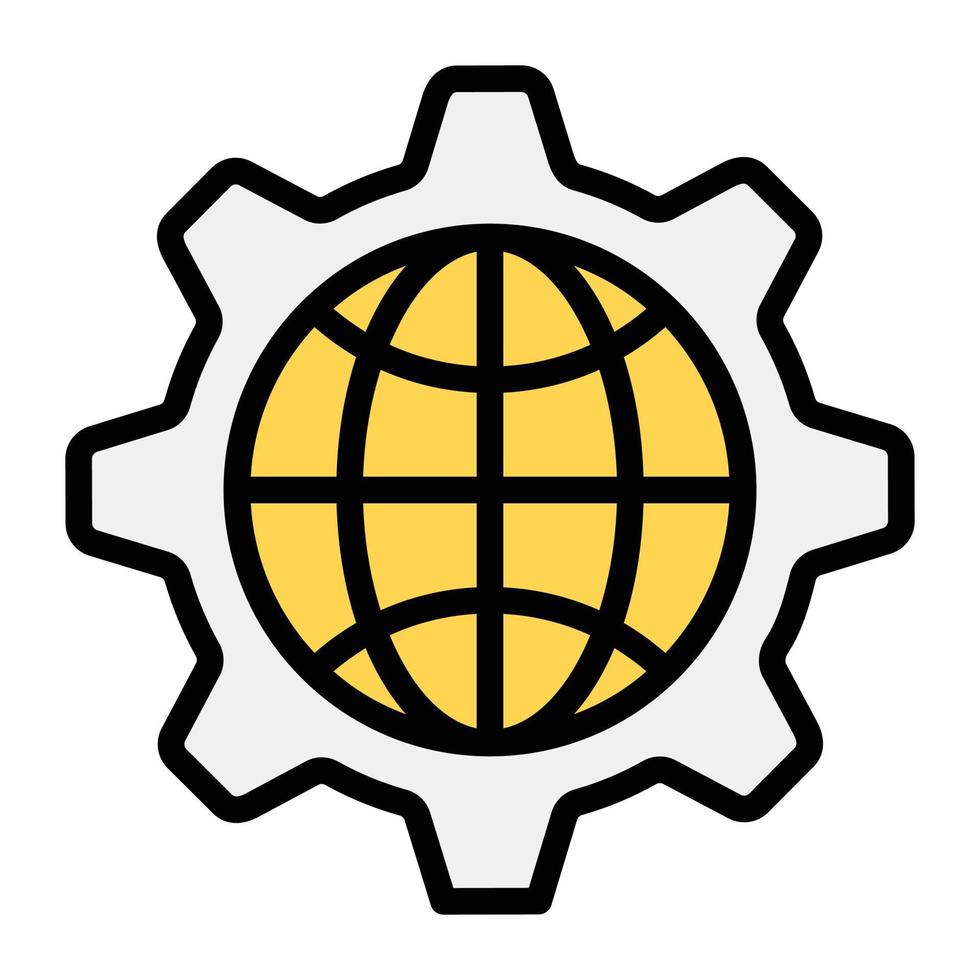 Globe inside gear, global network management icon in flat vector