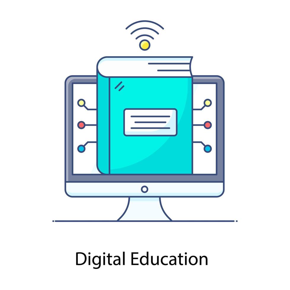 Digital education conceptual flat outline icon, mortarboard board inside monitor vector
