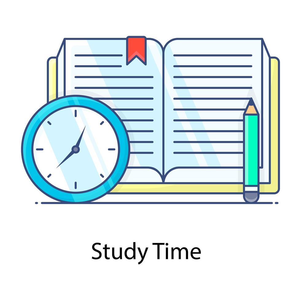 reloj con libro y lápiz que representa el tiempo de estudio en un vector de contorno plano