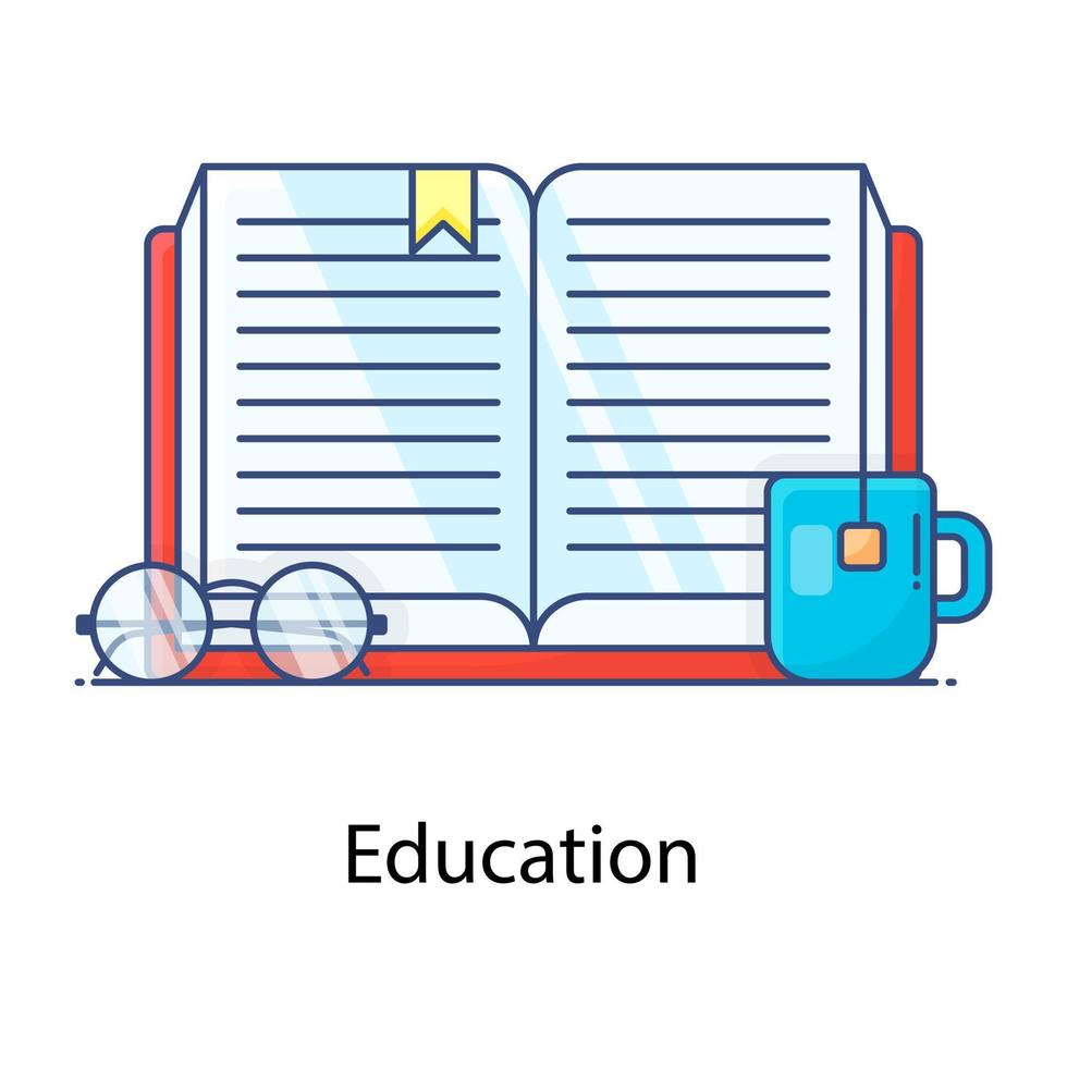 Open book with glasses and cup denoting concept of education in flat outline vector