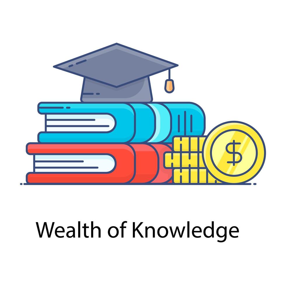 Dollar coins with books and mortarboard, wealth of knowledge concept in flat outline vector style