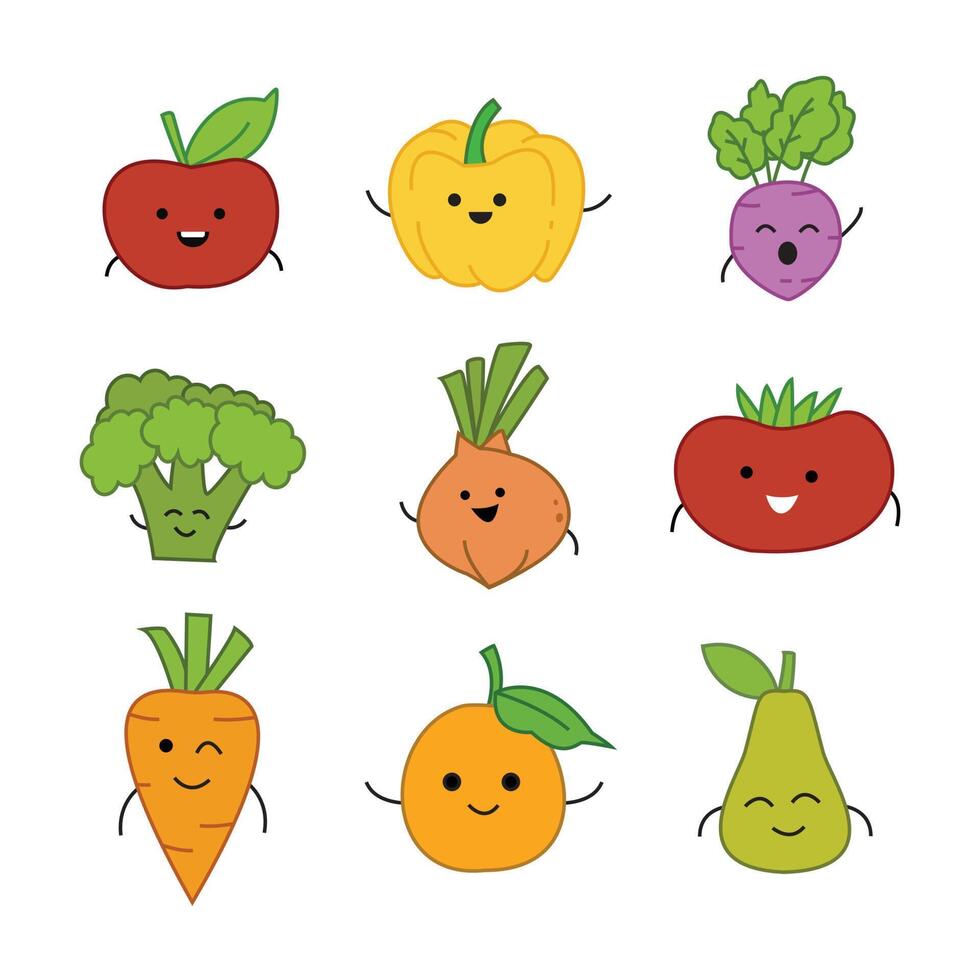 conjunto de ilustraciones de frutas y verduras en un lindo diseño de dibujos  animados 5083261 Vector en Vecteezy