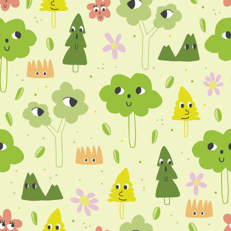patrón de niños sin costuras sobre fondo verde con lindos personajes de árboles dibujados a mano vector