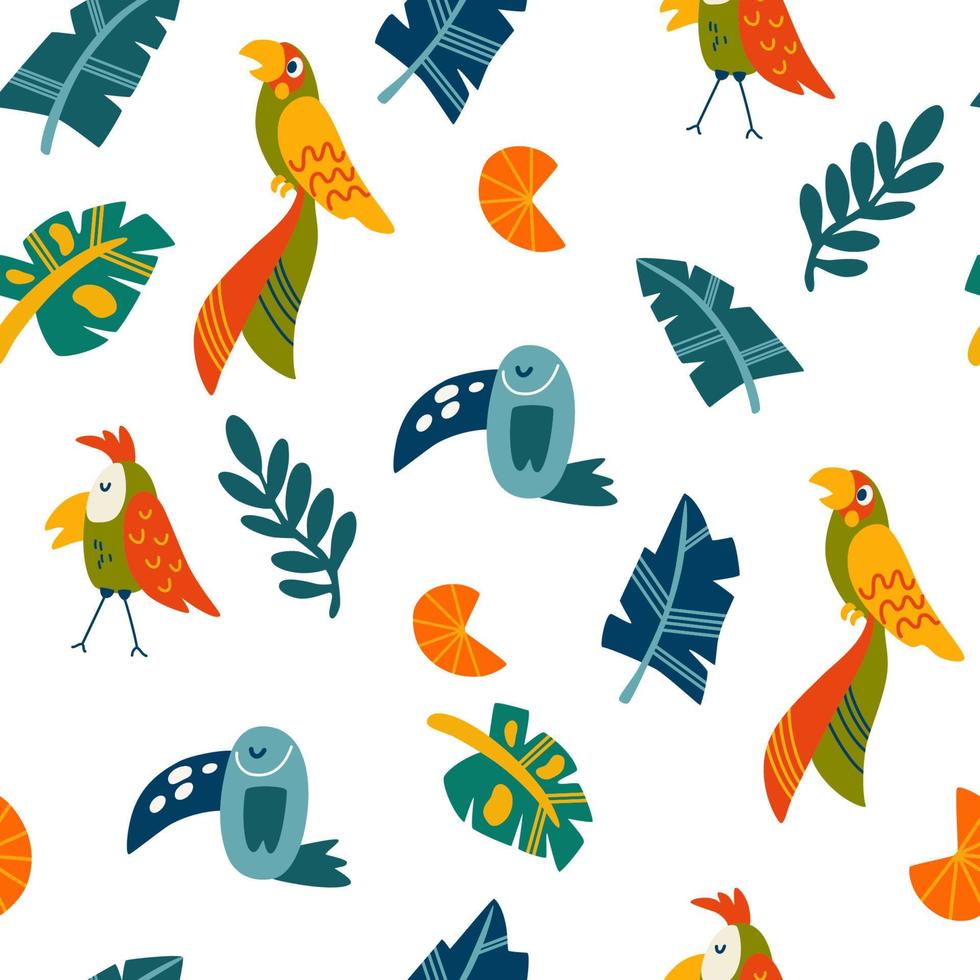 Tropical birds and leaves seamless pattern. Parrots and toucans background.  Jungles. Perfect for printing on fabric, clothing, wrapping paper, wallpaper, baby things. Vector illustration.