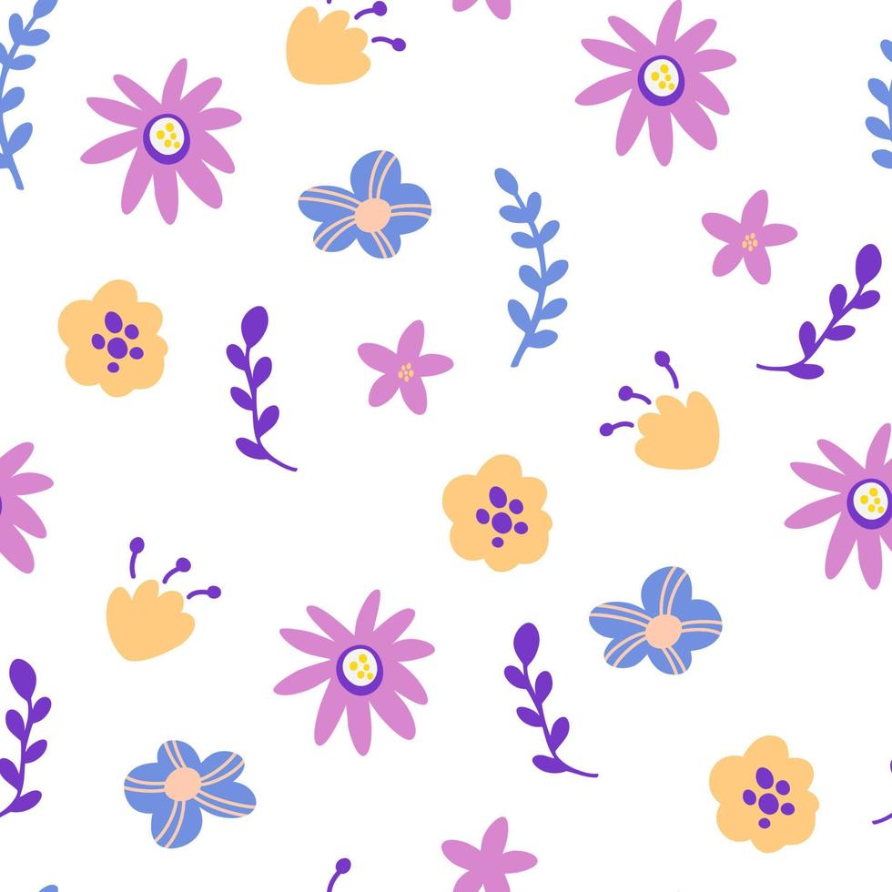 Flowers seamless pattern. Spring floral background. Creative blooming texture. Great for fabric, textile. Vector cartoon Illustration