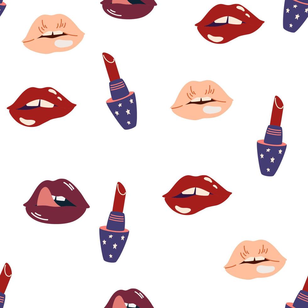 Lips and lipstick seamless pattern. Makeup background. Sensual lips. Womens cosmetics. Glamour fashion vogue style. Great for fabric, textile. Vector cartoon Illustration