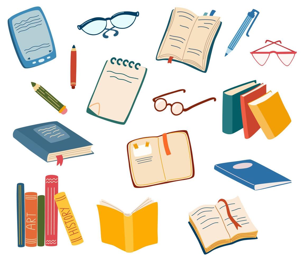 Stacks of books to read. Set of literature, dictionaries, encyclopedias, planners with bookmarks, pens and pencils, glasses. Bunch of textbooks to study. Reading lovers. Flat vector illustration