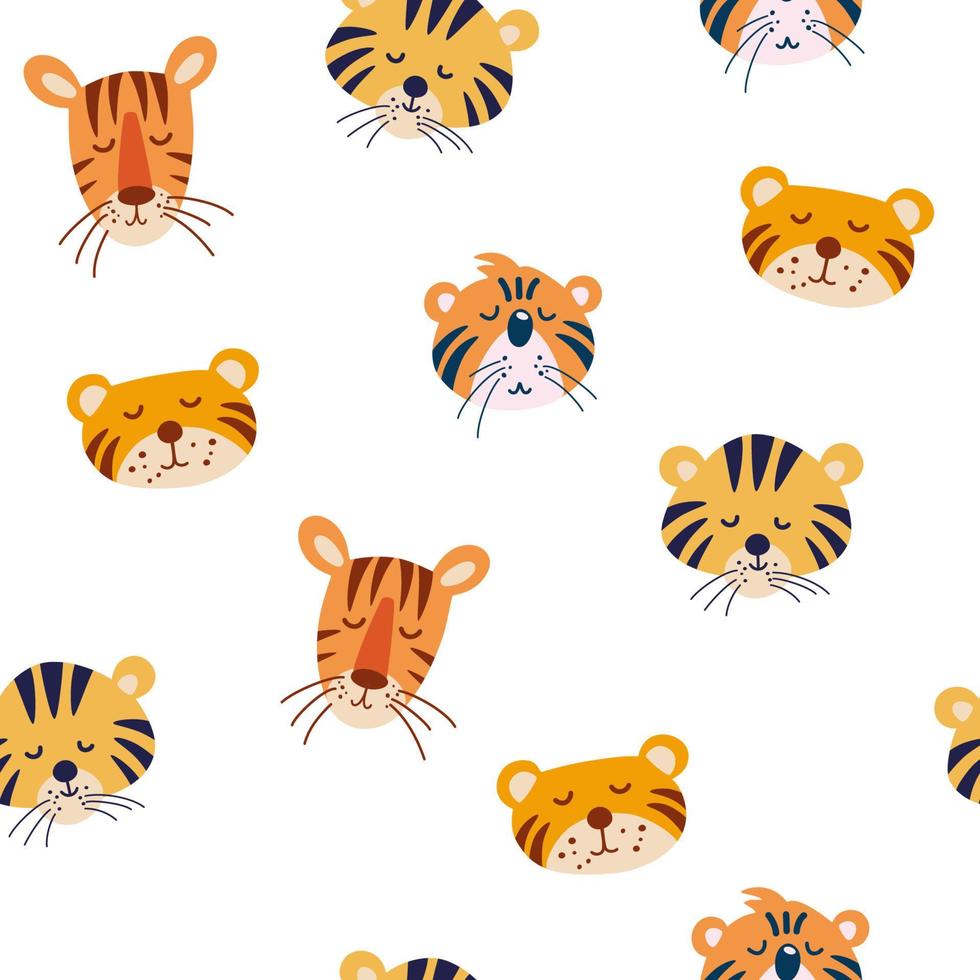 cachorros de tigre bozales de patrones sin fisuras. fondo colorido con caras de animales divertidos. perfecto para imprimir en tela, ropa, papel de envolver, papel tapiz, cosas para bebés. ilustración vectorial vector