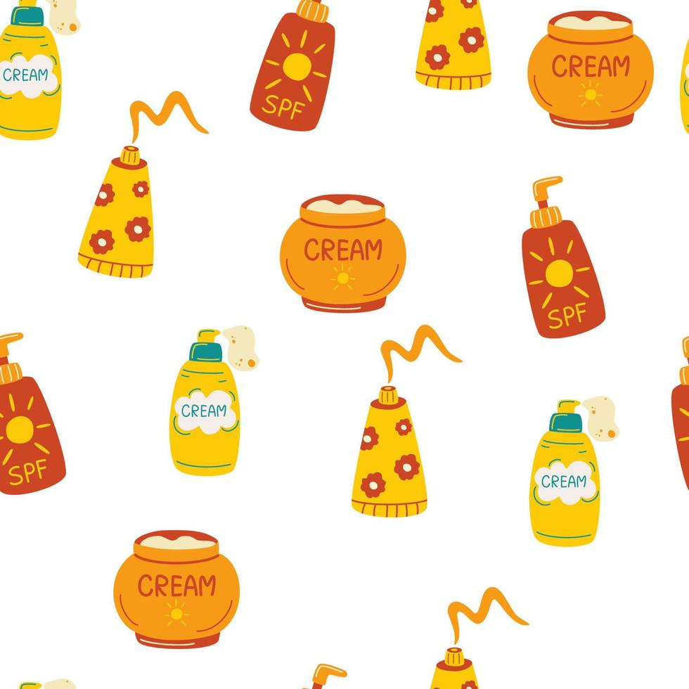 Sunscreen seamless pattern. Sun safety. Summer cosmetic. Tubes and bottles of sunscreen products with different SPF, cream, lotion, lipstick, spray. Skin protection. Hand drawn vector illustration.