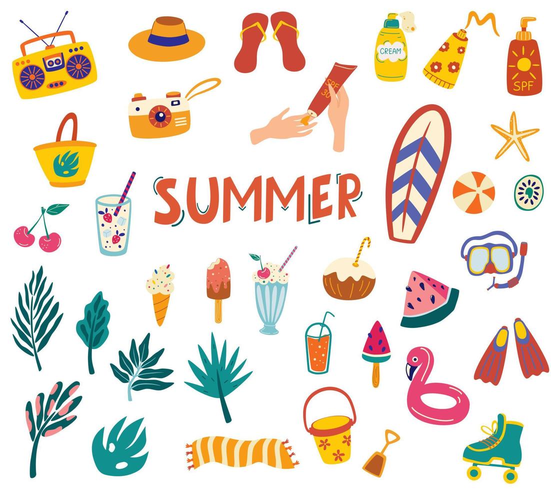 gran set de verano con frutas, bebidas, flotadores de piscina, helados, cócteles, hojas de palma. artículos para vacaciones de verano y viajes. objetos aislados sobre fondo blanco. ilustración vectorial dibujada a mano. vector