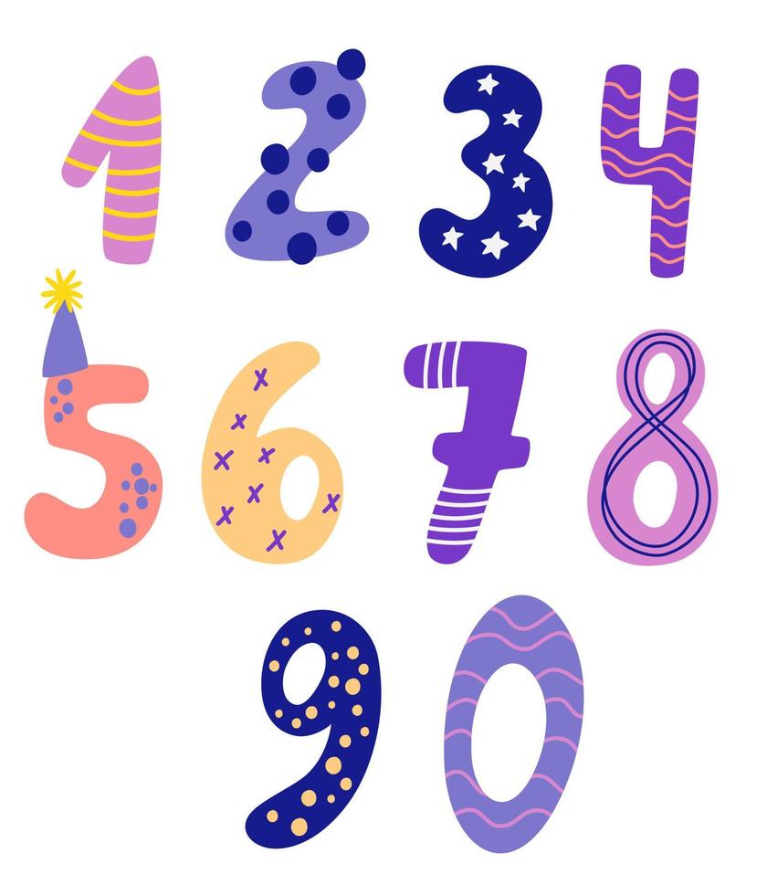 Cartoon numbers. Decor for birthday party and packaging. Numbers with stripes, stars, dots. Funny mathematical symbols. Vector illustration on flat cartoon style.