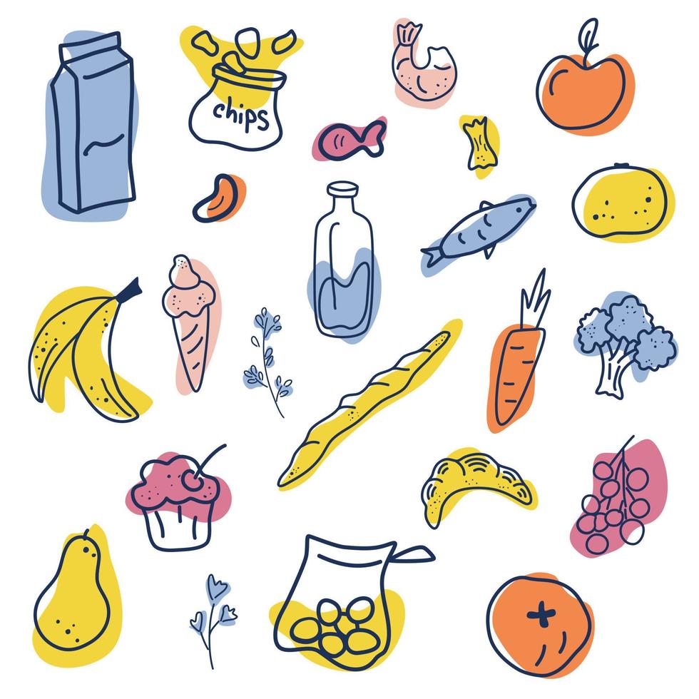 iconos de comida verduras, frutas, pescados, bebidas, dulces. dibujo de contorno con manchas de colores. para menús de restaurantes, tiendas e imprentas. ilustración de dibujos animados de vectores