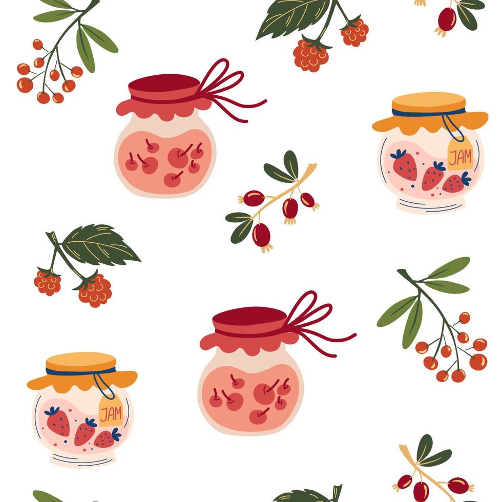 Homemade jars with jam seamless pattern. Food print. Glass jars with delicious sweet berry marmalade. Berries, strawberries, cherries, raspberries and gooseberries. Great for fabric, textile. Vector