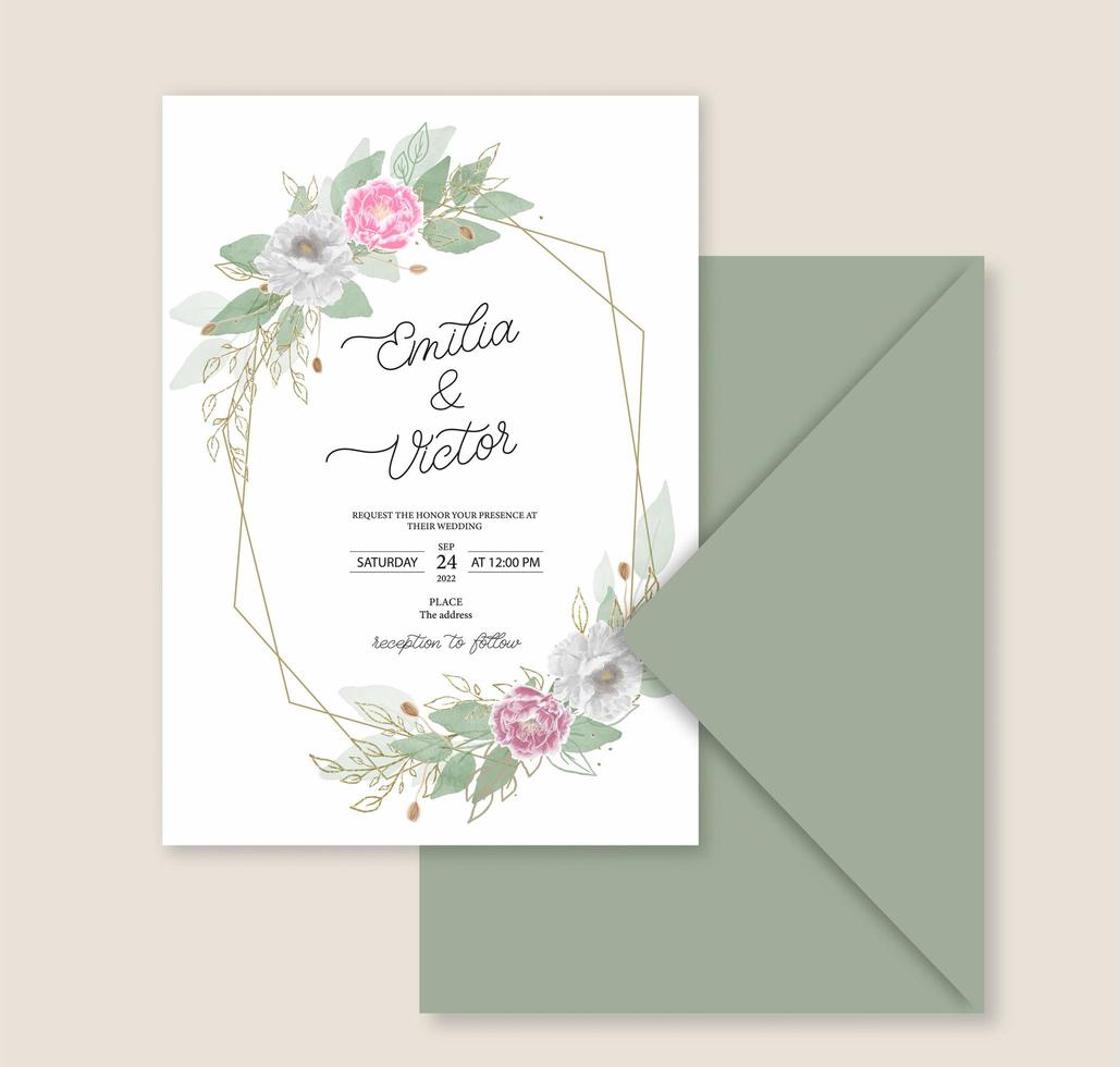Elegant greenery leaf and peony flower on wedding invitation card template. vector