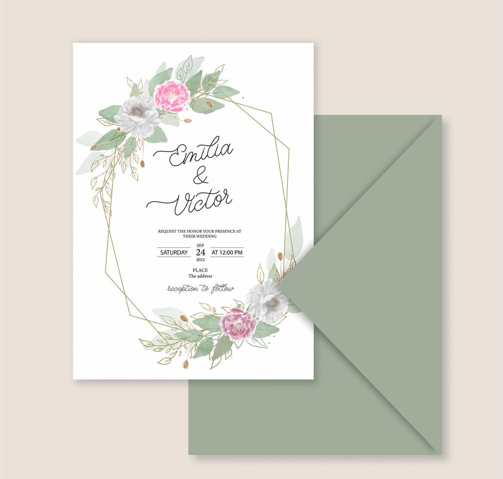 elegante hoja verde y flor de peonía en la plantilla de la tarjeta de invitación de boda. vector