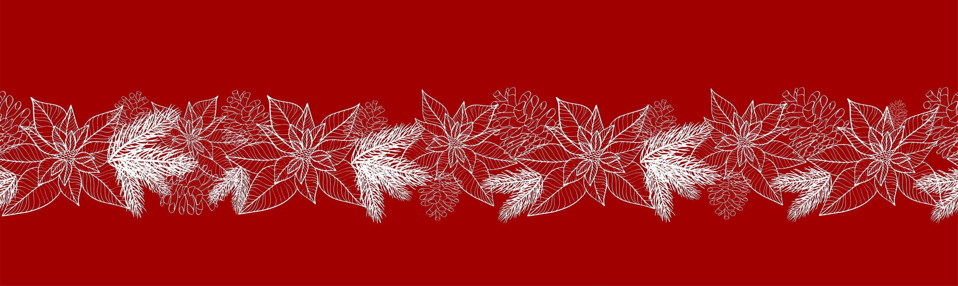 Seamless pattern with hand drawn poinsettia flower and floral branch, berry, snowflake, mistletoe, christmas tree. vector