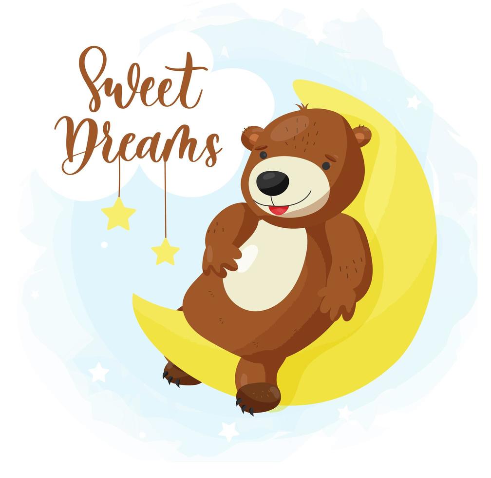 dulces sueños. oso de dibujos animados se encuentra en la luna, acuarela. vector