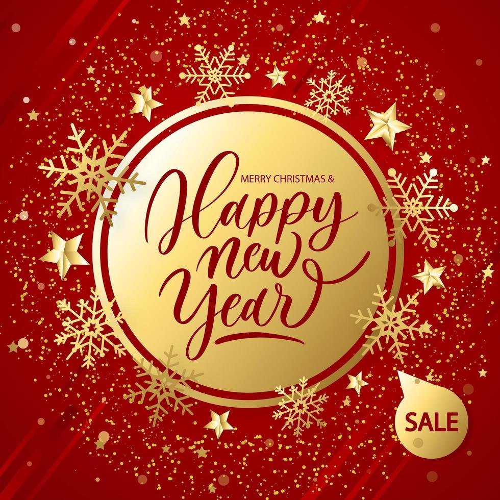 Christmas sale background on red background with shining golden snowflakes and snow.Sparkling shiny snowflakes with hand lettering. vector