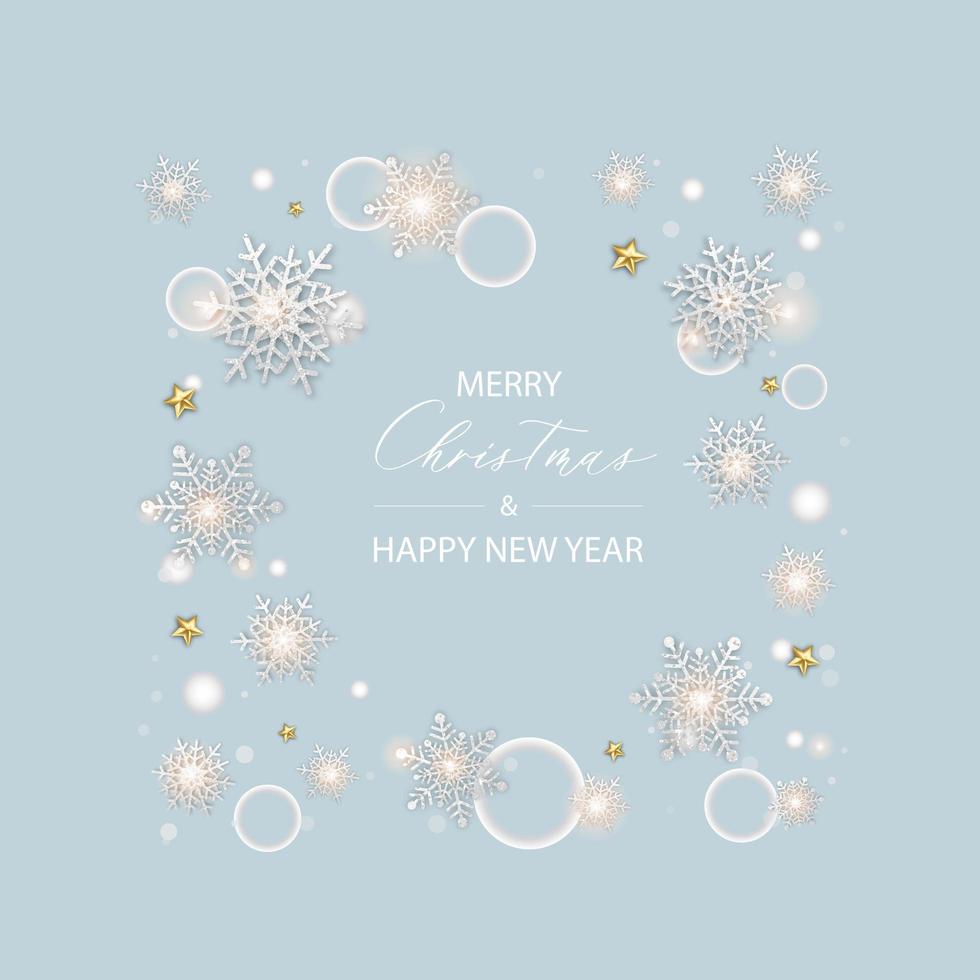 Merry Christmas banner. Background Xmas design poster of sparkling lights star and snowflake and glitter gold confetti. vector