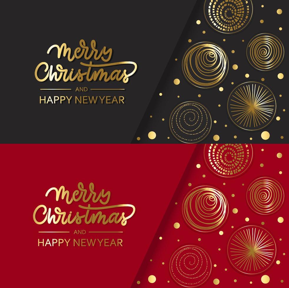 Merry Christmas gold holidays card with balls and lettering. vector