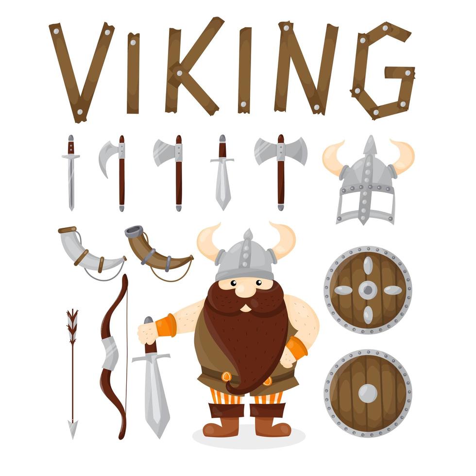 personaje de dibujos animados vikingo con juegos de armas, cuernos, escudos, máscaras, arco y flechas. vector