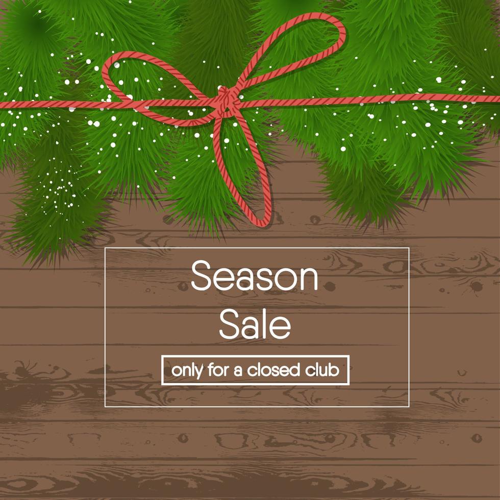 Pine branches on a wooden background. Christmas Sale on red kraft rope. vector