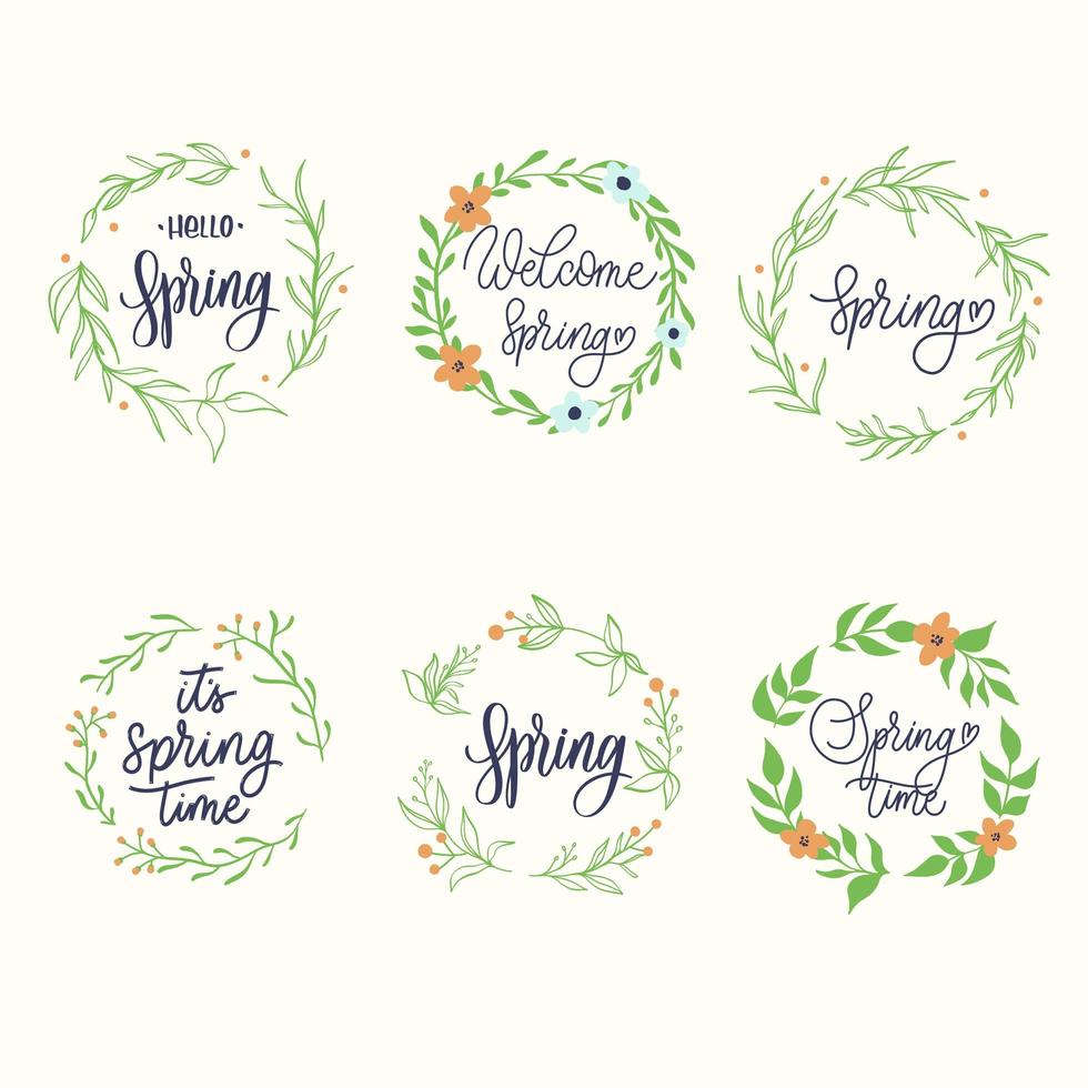 Hand drawn spring badge collection with lettering. vector