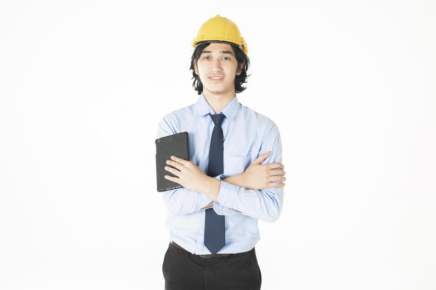 Portrait of Caucasian  handsome  engineering man is confident on white background photo