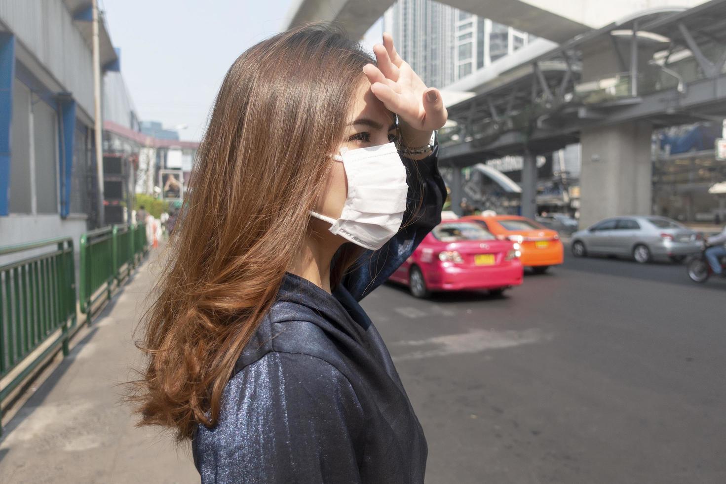 Beautiful woman wearing anti dust mask protect air pollution and pm 2.5 on street city photo