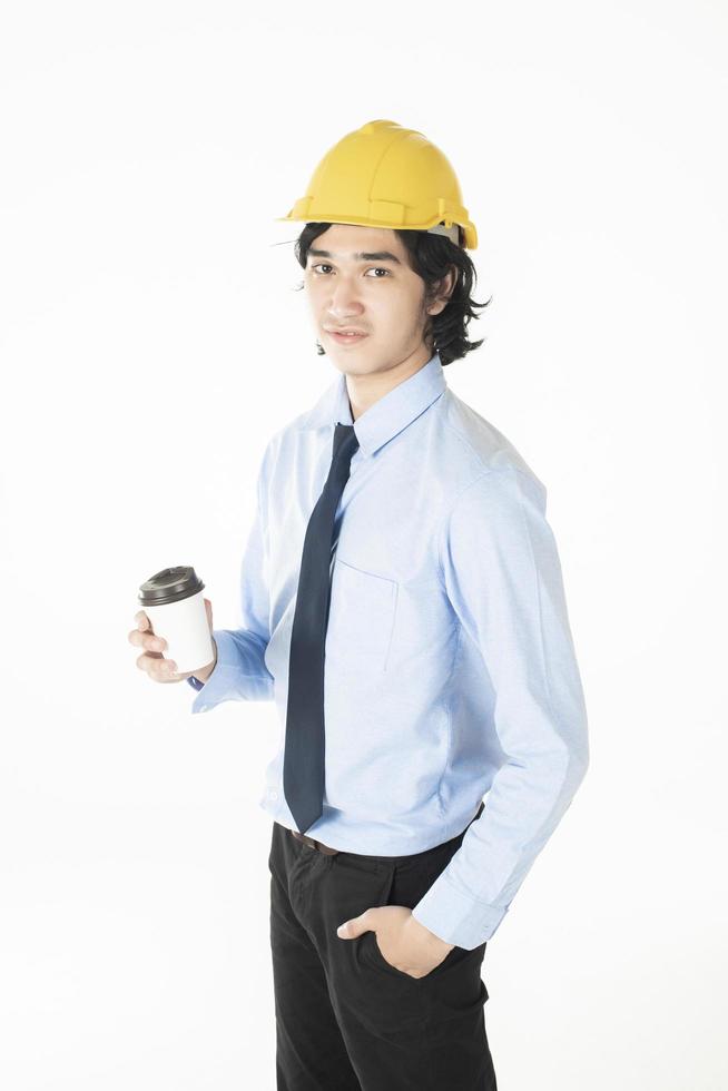 Portrait of Caucasian  handsome  engineering man is confident on white background photo