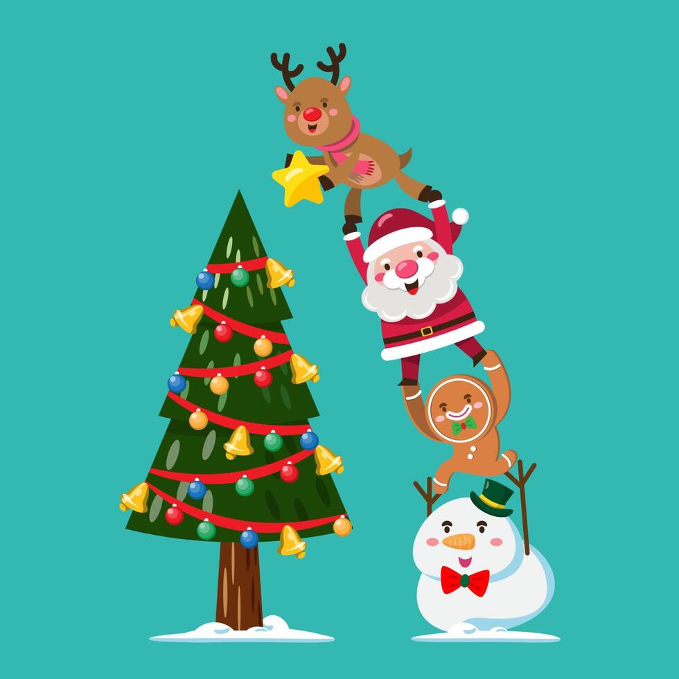 Winter Christmas tree with santa claus and team decorating Christmas tree on snow. vector