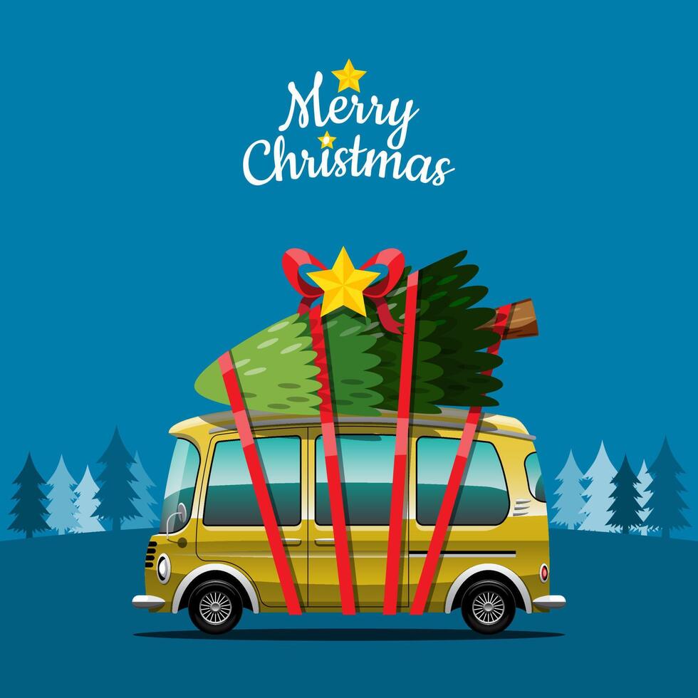 Merry Christmas Vector illustration Retro van Vintage .style with christmas tree.